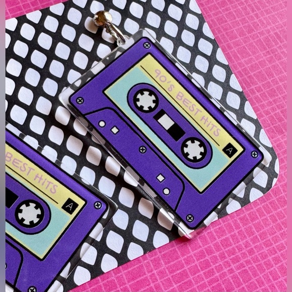 New Retro 90’s Style Purple Acrylic Cassette Music Mix Tape Dangle Earrings - Picture 3 of 5